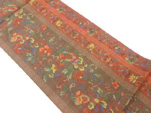 手織り紬縞に花唐草・孔雀模様織出し袋帯